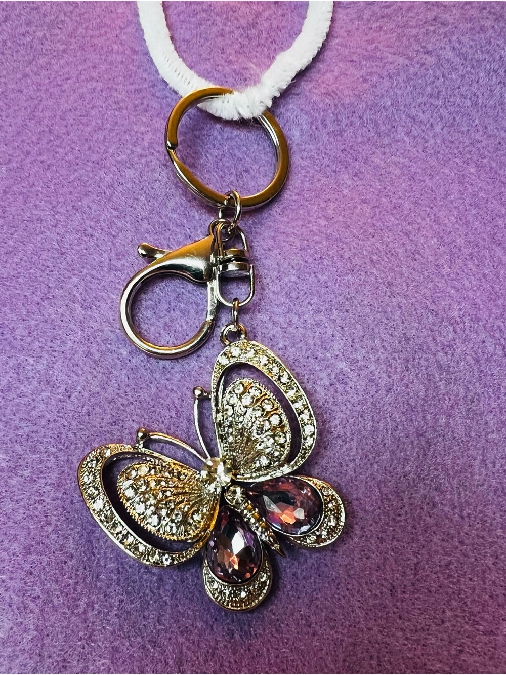 Rhinestone Butterfly Keychain with Purple Gem Accents